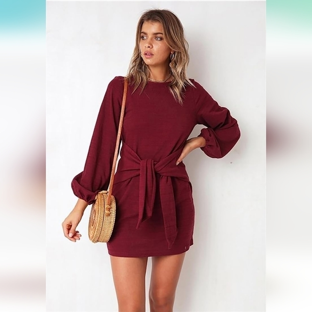 Burgundy Long Sleeve Dress Crewneck Tie Waist Dress